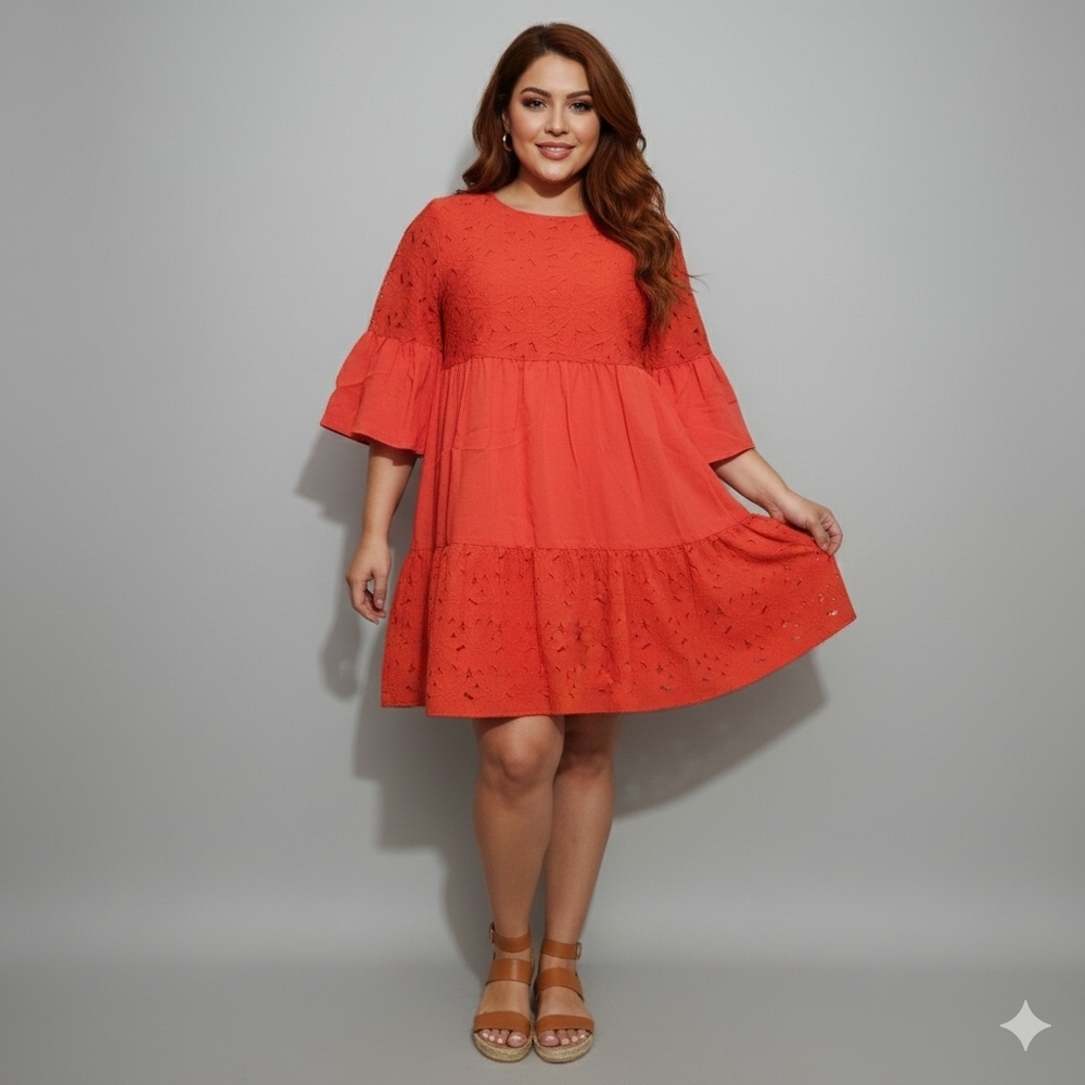 Flying Tomato Orange Eyelet Tiered Ruffle Mini Dress Small S
